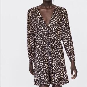 Zara giraffe Animal Print Dress long sleeve flowy size XL spring